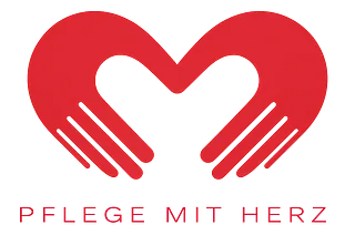 Rotes Logo "Pflege mit Herz" mit einem Herz, welches aus zwei Händen besteht